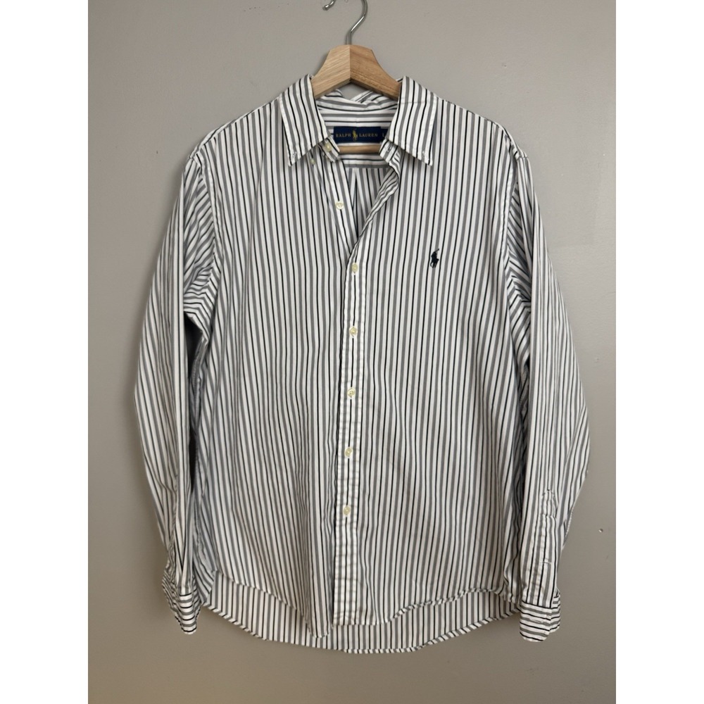 Ralph Lauren L White Black Stripe Button Front Shirt Classic Preppy Old Money